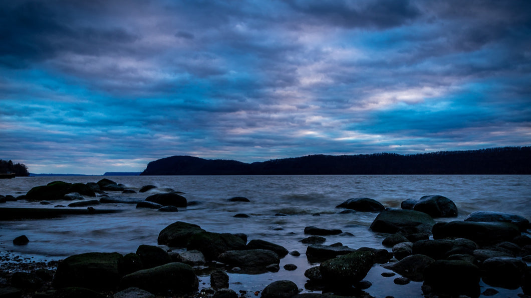 A moody blue dusk on the Hudson River. An original photograph from Picture Perfect Wall Décor & Gifts, Yorktown Heights, New York, available as fine art print on archival quality paper and ready to hang metal print, in various sizes.