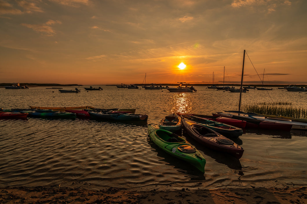 Fine art print of kayaks at sunset in Pamet Harbor, Cape Cod, by Picture Perfect Wall Decor & Gifts in Yorktown Heights, NY 10598